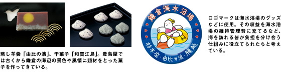 蒸し羊羹「由比の濱」、干菓子「和賀江島」。豊島屋では古くから鎌倉の海辺の景色や風情に題材をとった菓子を作ってきている。 ロゴマークは海水浴場のグッズなどに使用。その収益を海水浴場の維持管理費に充てるなど、海を訪れる皆が負担を分け合う仕組みに役立てられたらと考えている。