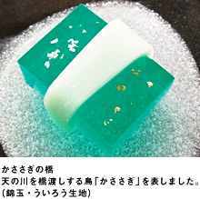 かささぎの橋　天の川を橋渡しする鳥「かささぎ」を表しました。（錦玉・ういろう生地）