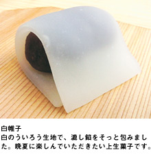 白帷子　白のういろう生地で、漉し餡をそっと包みました。晩夏に楽しんでいただきたい上生菓子です。